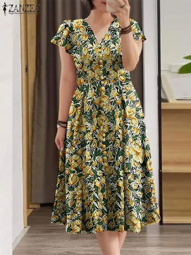 ZANZEA abiti eleganti da donna con stampa floreale abiti estivi con scollo a V abiti Bohemain Holiday Sundress Casual manica corta Midi Robe