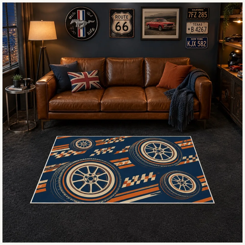 VIKAMA Racing Retro Navy Orange Wheel Alignment Flannel Door Mat, Quick Dry Non-Slip Floor Mat, Garage Decor for Home, Entryway