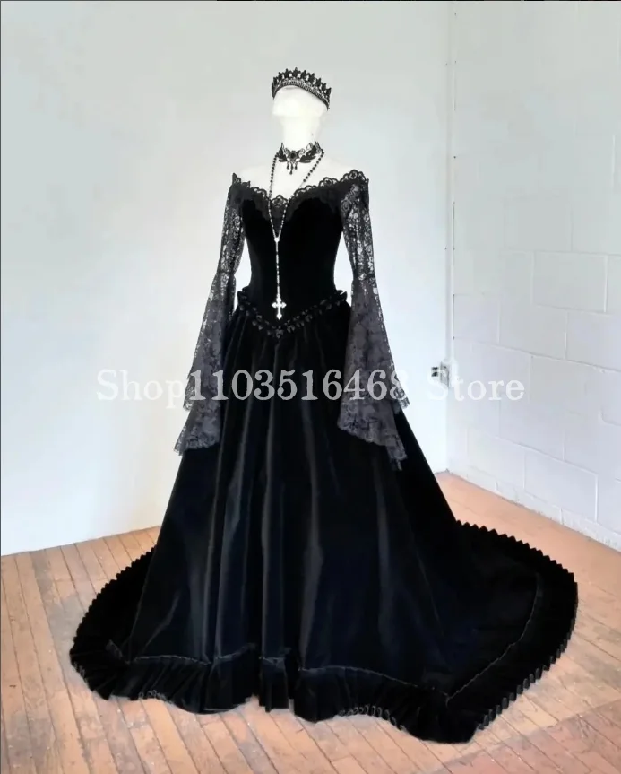 

Black Gothic Medieval Wedding Dress Elegant Strapless Lace Fairy Long Sleeve Velvet Tie A-line Dress vestidos de novia|-f-|