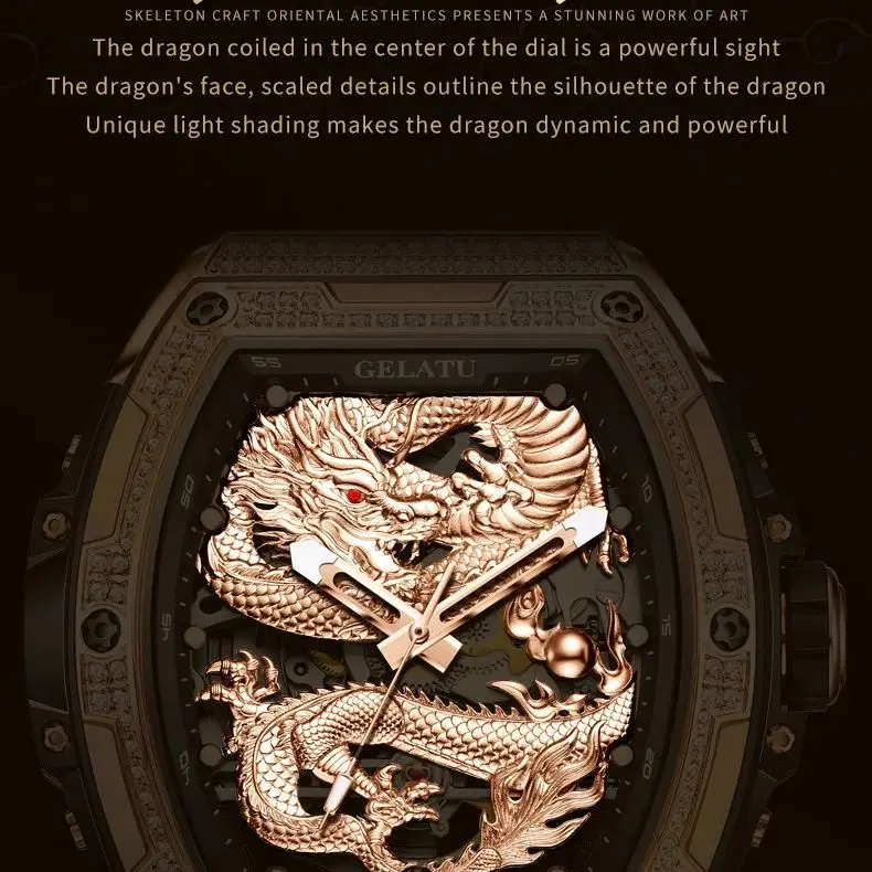 GELATU 6021 Golden Dragon Hollow Men Watch Automatic Mechanical Watch Waterproof Silicone Luxury Diamond Men Watch Reloj Hombre