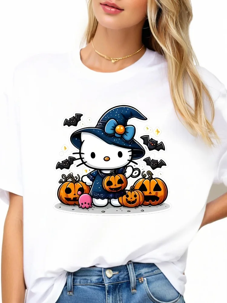 ハローキティ レディース Tシャツ かわいいポップスタイル 魔女とピンクのカボチャプリント ラウンドネック 半袖 カジュアルウェア 原宿シャツ