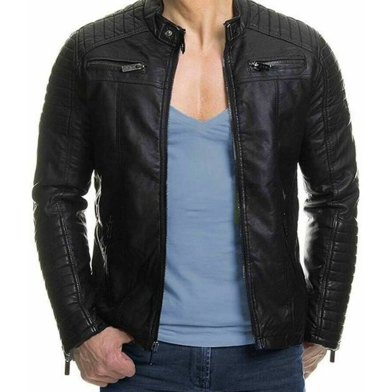 

NEW Elegant Men's Real Quilted Genuine Sheepskin Leather Jacket Open Front Coat