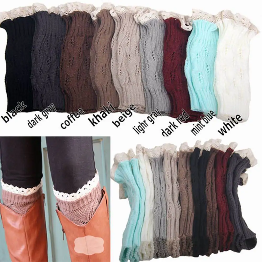 

Autumn Winter Slouchy women leg warmers Knit Lace shark tank Long Socks Legwarmers Boot Cuffs gaiters Socks Crochet Mixed