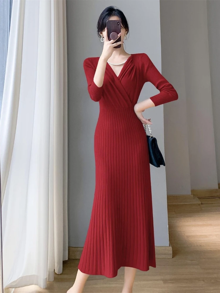 Robe longue à col en V pour femmes, pull de fête pour dames, vêtements français, Maxi blanc et noir, automne et hiver