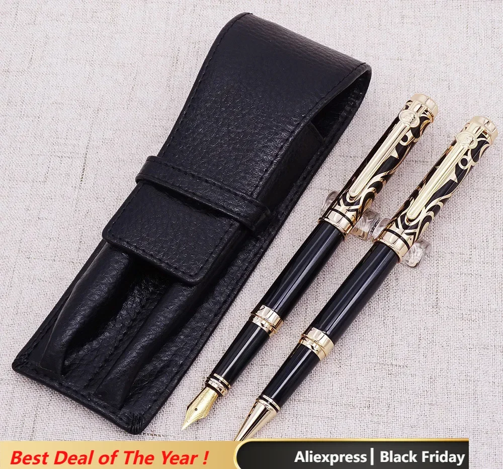 Duke Noble Sapphire Roller Pen & Fountain Pen with Real Leather Pencil Case/Bag Washed Cowhide Pen Case Holder Writing Gift Set