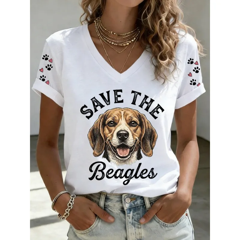 Camisetas con estampado de perros Save The Beagles para mujer, camisetas informales de manga corta con cuello en V, camisetas negras, blancas y naranjas, recién llegadas