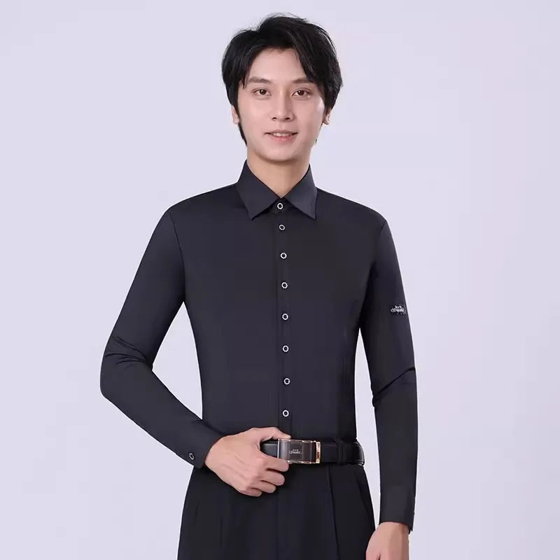 Men\'s Latin Dance Shirt Long Sleeve Black Ballroom Dancing Top Salsa Modern Waltz Tango Dancewear Standard Performance Clothes