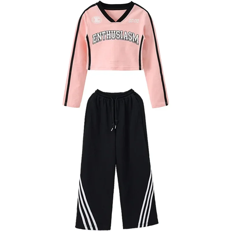 Top da ragazza rosa a maniche lunghe Pantaloni larghi neri Set da ballo di strada Abbigliamento da competizione per spettacoli di gruppo per bambini Abiti da ballo hip-hop jazz