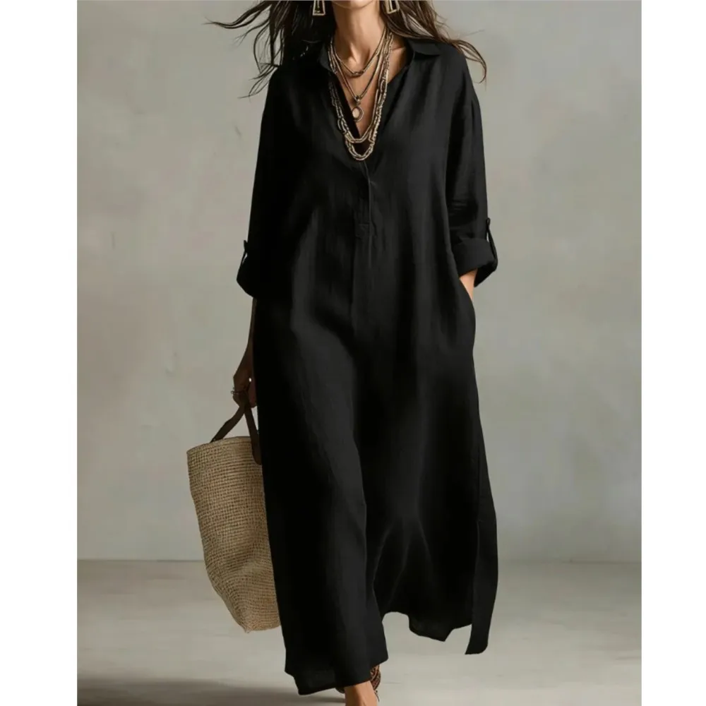 เดรสเชิ้ตผ้าลินินวินเทจสำหรับผ - Casual Loose Linen Shirt Dress บทวิจารณ์และราคา