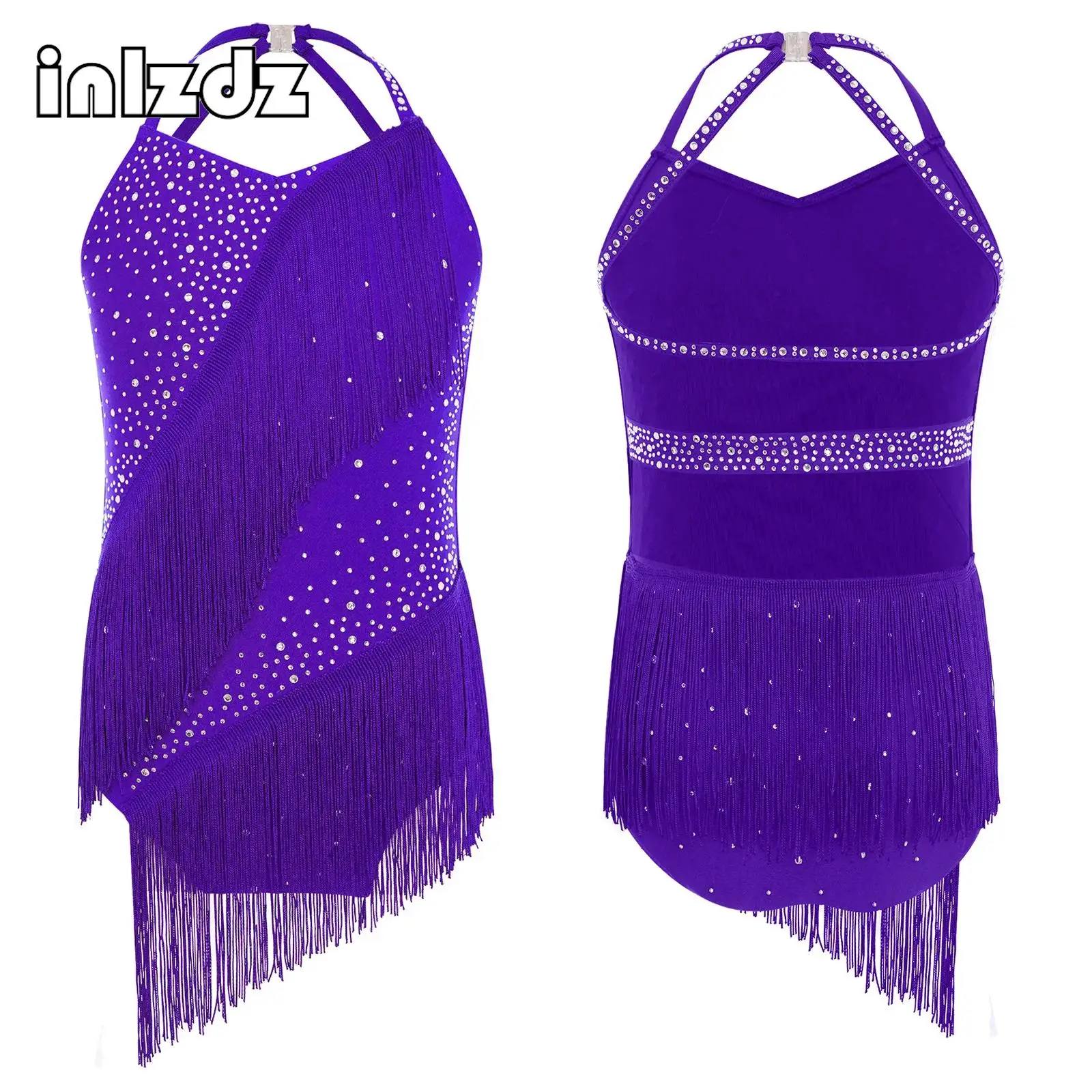 

Kids Girls Tassels Jazz Latin Ballet Dance Costume Halter Sleeveless Rhinestones Figure Skating Performance Leotard Dancewear