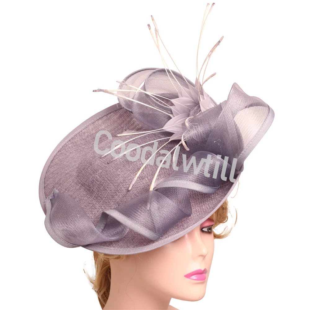 

Fashion New Grey Pillbox Wedding Hat Fascinator Headband Women Church Party Tea Chapeau Cap Feather Flower Bride Headpiece Race