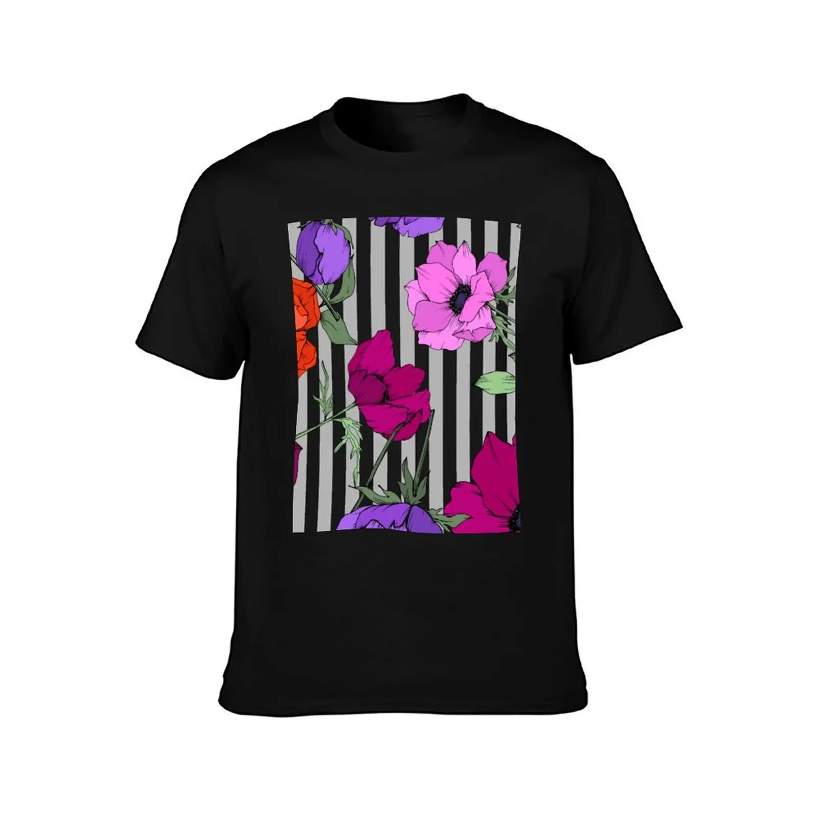 Pretty ,red,purple,orange anemones flowers T-Shirt, Summer Casual Cotton Tee, Oversized Streetwear Tops, Vintage Graphic Print