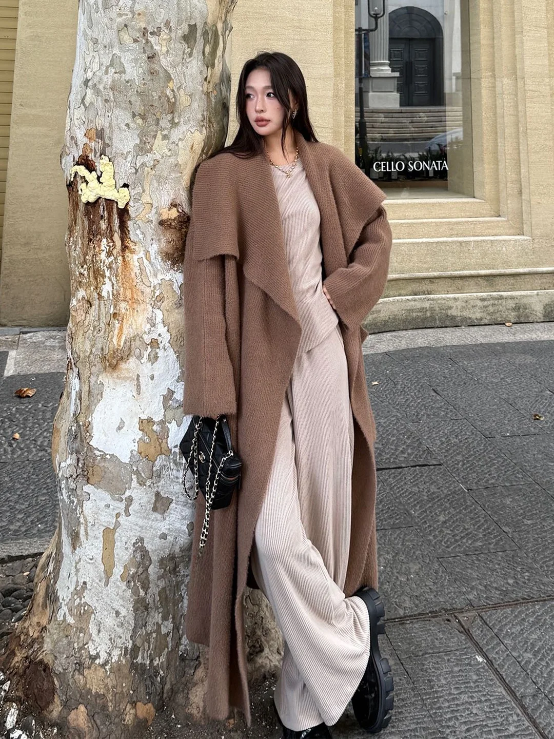 

Zhang Xiaohan Long Knitted Cardigan Women's Loose Belted Lapel Sweater Coat Mink Velvet Batobe Coat Korean Sle Thiened