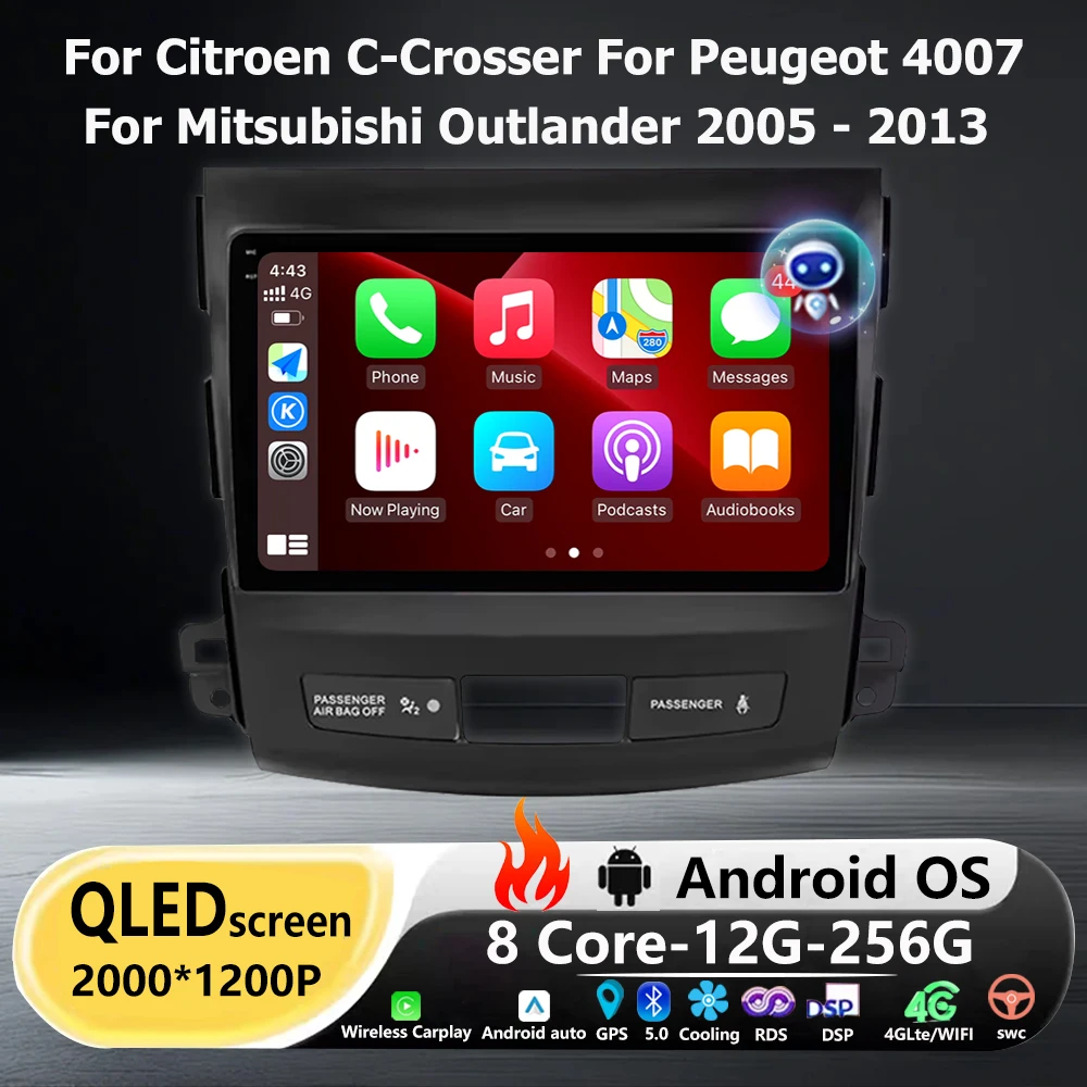 9'' Android 16 Auto For Citroen C-Crosser For Peugeot 4007 For Mitsubishi Outlander 2005 - 2013 Car Radio Multimedia Player DSP