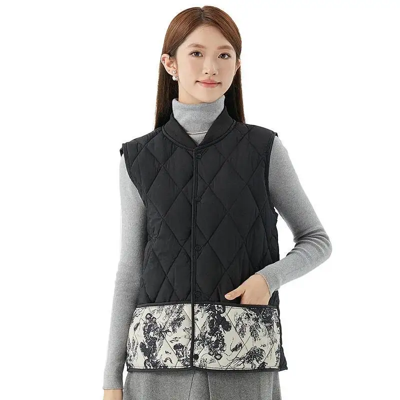 

Spring Autumn New Fashion Women's Printed Spliced Casual Trendy Single-Breasted Sleeveless Quilted Vests Female Coats Clothes