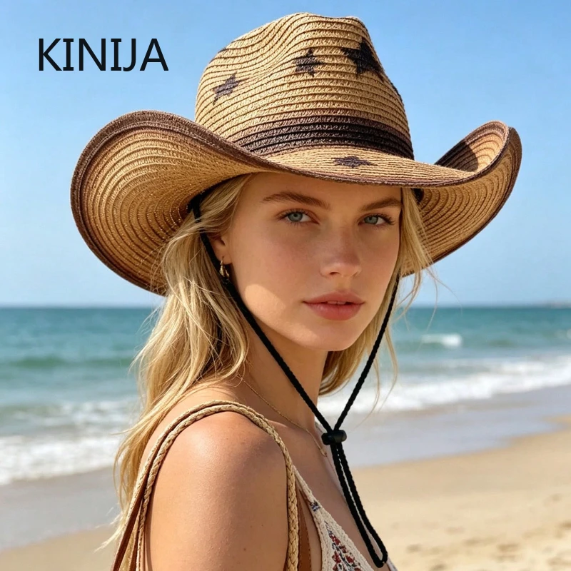 Westren Cowboyhut für Damen und Herren, Sonnenhut mit breiter Krempe, Sommer-Strand-Strohhut, Kappe für Outdoor, Wandern, Reisen und Partys