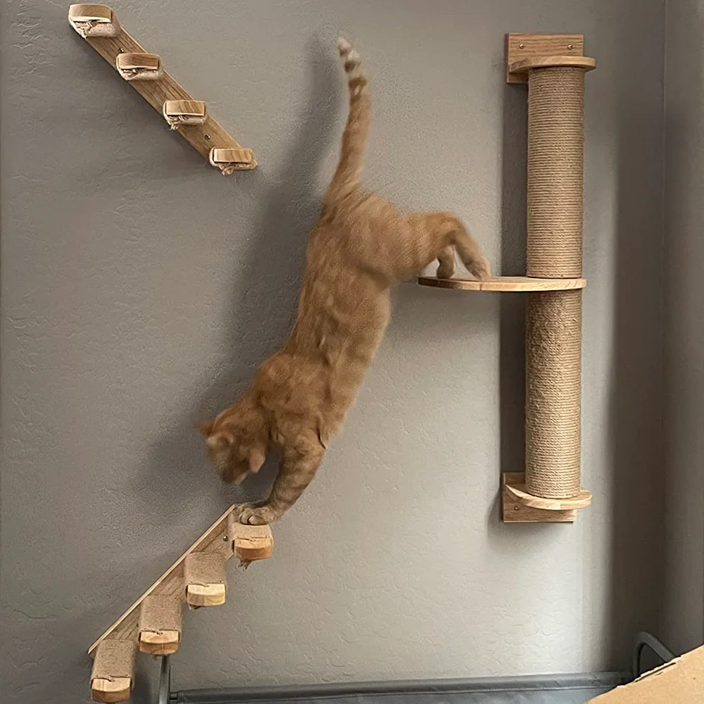 Wall Mounted Climbing Shelf Cat Tree 4 Steps Stairway with Cat Hammock Scratching Post for Sleeping Playing and Grinding Claw