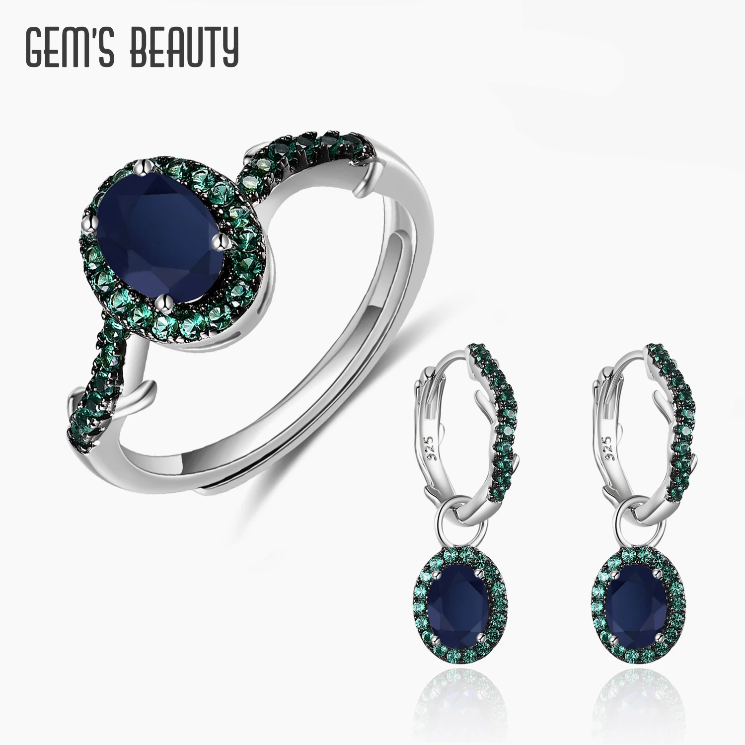 

GEM'S BEAUTY 925 Sterling Silver Jewelry Sets Diffusion Sapphire Ring For Women Adjustable Open Ring Hoop Earring With Statement