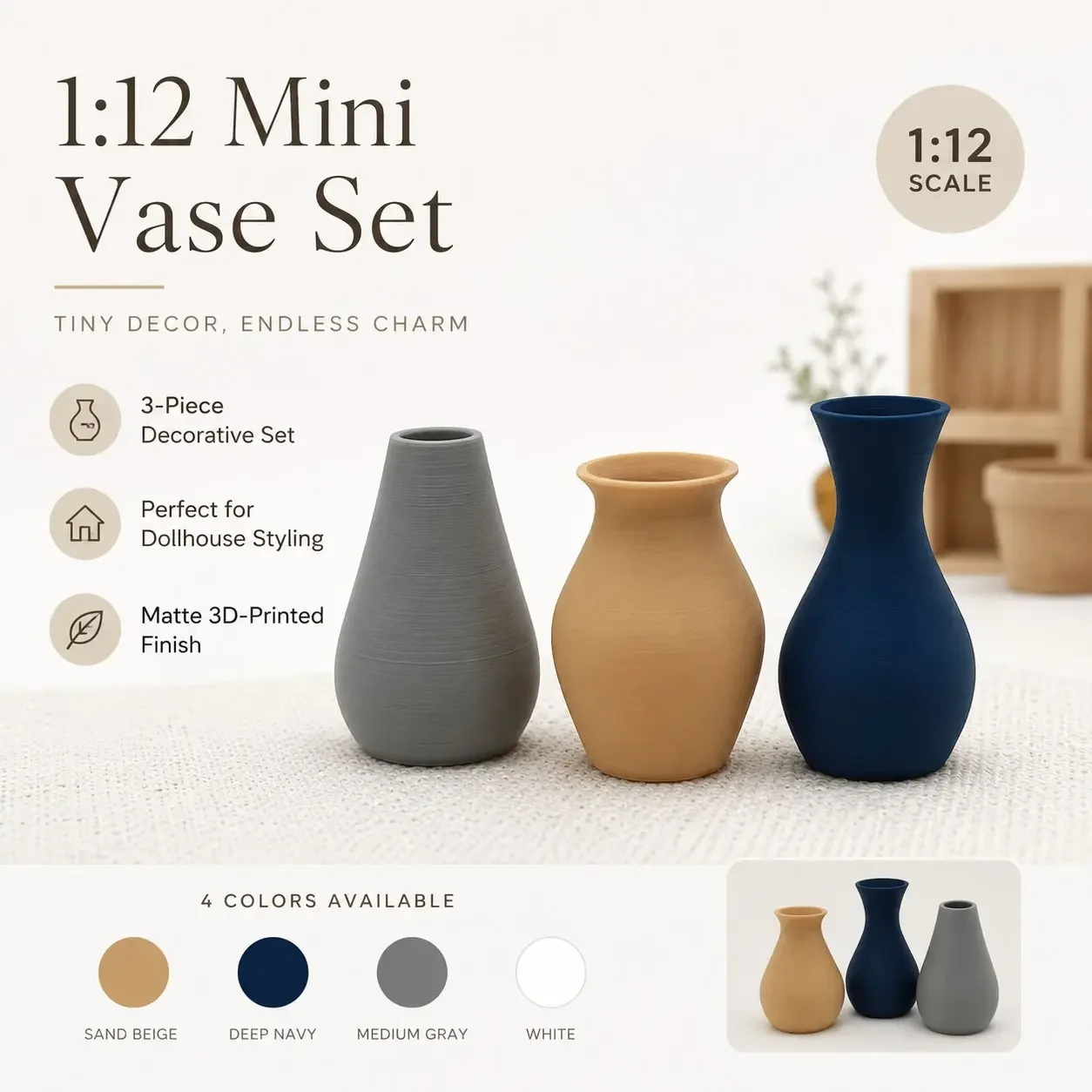 1:12 Dollhouse Mini Vase Set of 3, Matte Finish Mini Flower Arrangements, Four Colors Available, Micro Scene Decor for Dollhouses, Dollhouse Accessories