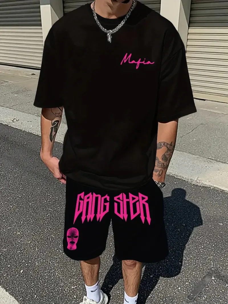 

The 2025 summer new men's set features street hip-hop casual fashionable comfortable and soft 3D letter pattern printing