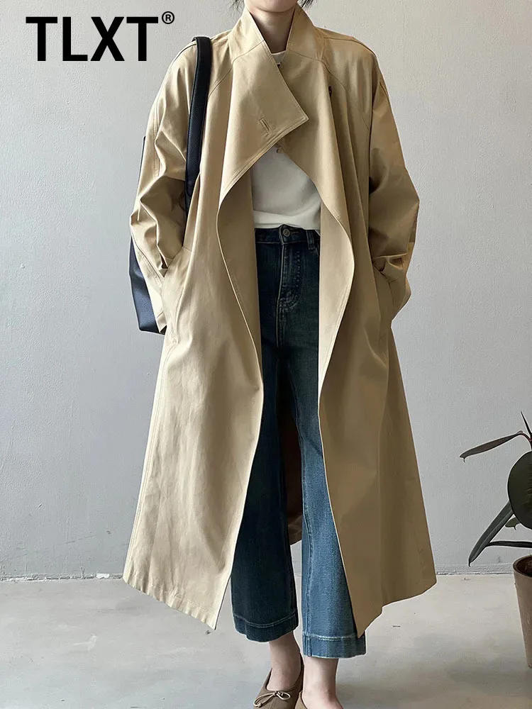 

TLXT Elegant Women's Stand Collar Single Button Long Over-the-Knee Trench Coat Casual Commute Overcoats Female Winter 2025 New