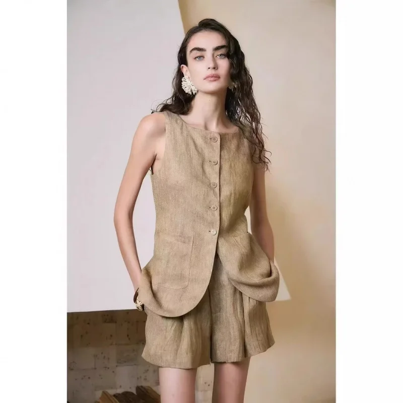 

Vest Set 2025 Summer Fashion Casual Single-Breasted Sleeveless Top Cotton Linen Wide-Leg Shorts Women