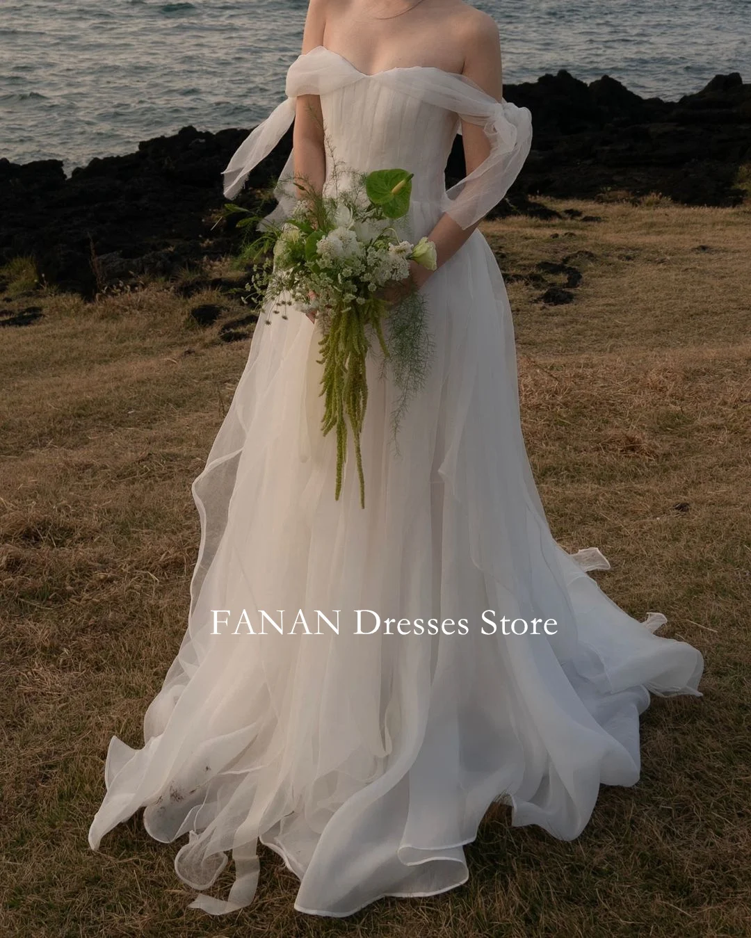 

Fanan Korea Off Shoulder Wedding Dresses 웨딩드레스 Elegant A-Line Organza Custom Made Ruched Photoshoot Bride Gowns Plus Size