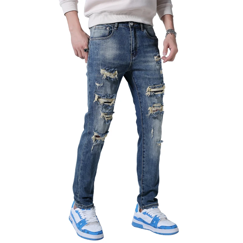 Street Fashion Motorcycle Jeans Men's Ripped Skinny Trendy Casual Stretch Slim Fit Blue Small Feet Handsome Pants