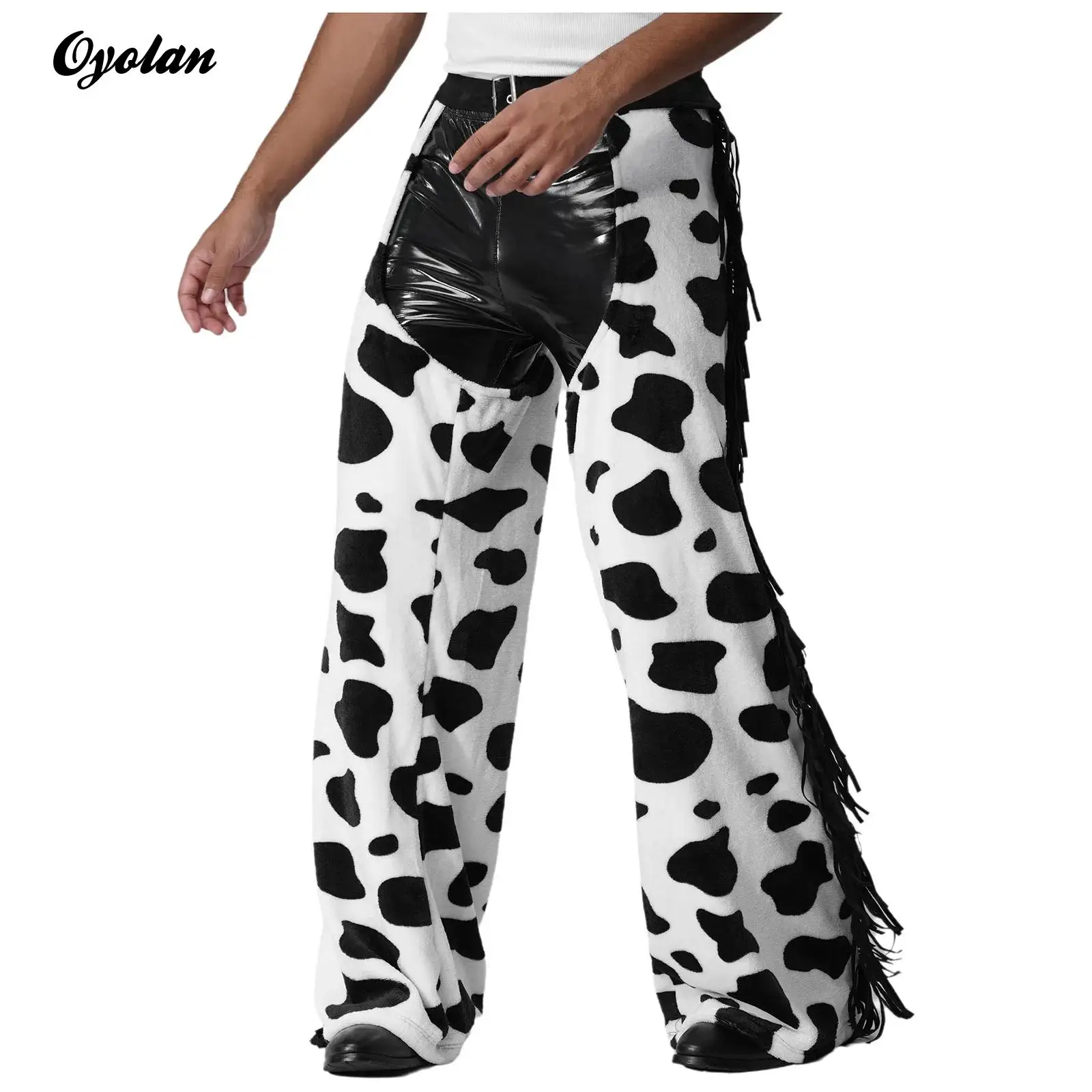 

Mens Cowboy Chaps Cow Spot Pattern Flannel Long Pants Side Tassel Open Crotch Biking Riding Trousers Halloween Cosplay Costume