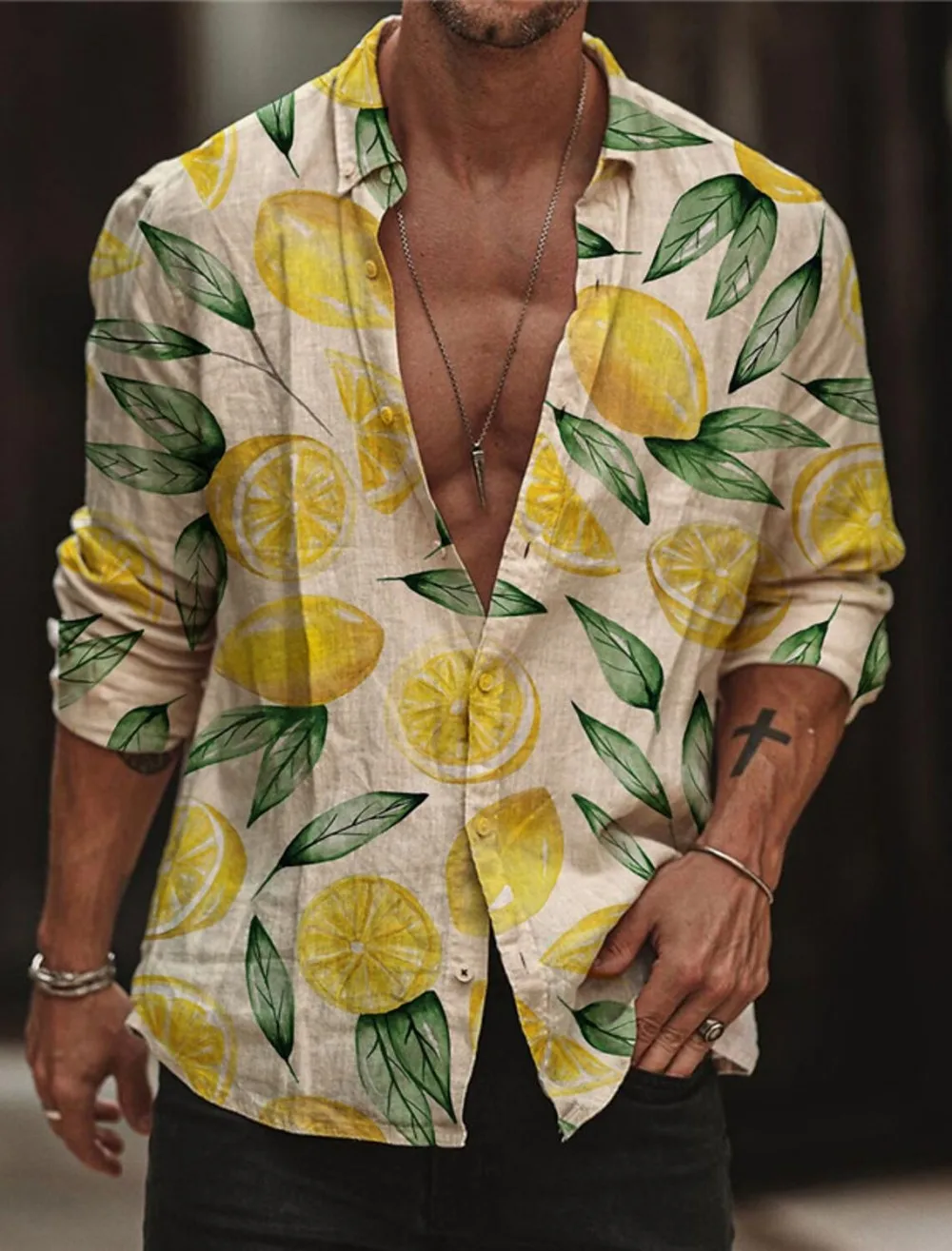 Men's Lemon Shirt Summer Hawaiian Shirt Long Sleeve Shirt Flip Sports Fashion Street Style Leisure Daily OutdoorMen's Lemon Shir