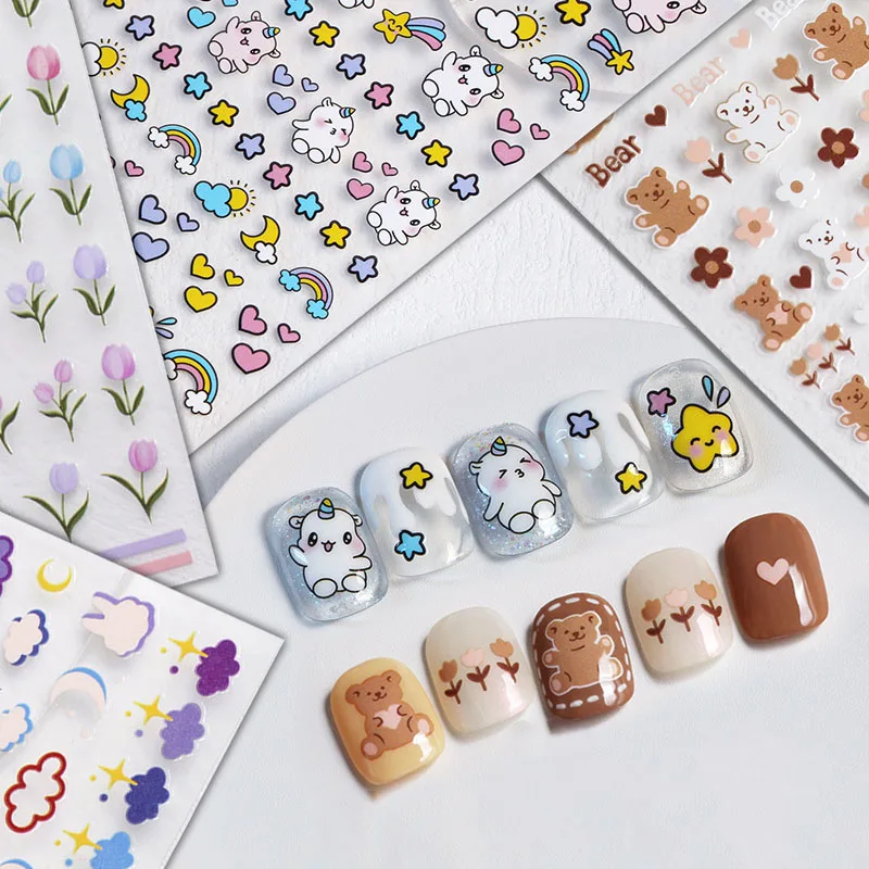 Cartoon Anime Nail Stickers Rabbit Nail Art Decorations Little Bear Paw Nail Sliders For Manicure Flowers Bunny Nail Foils