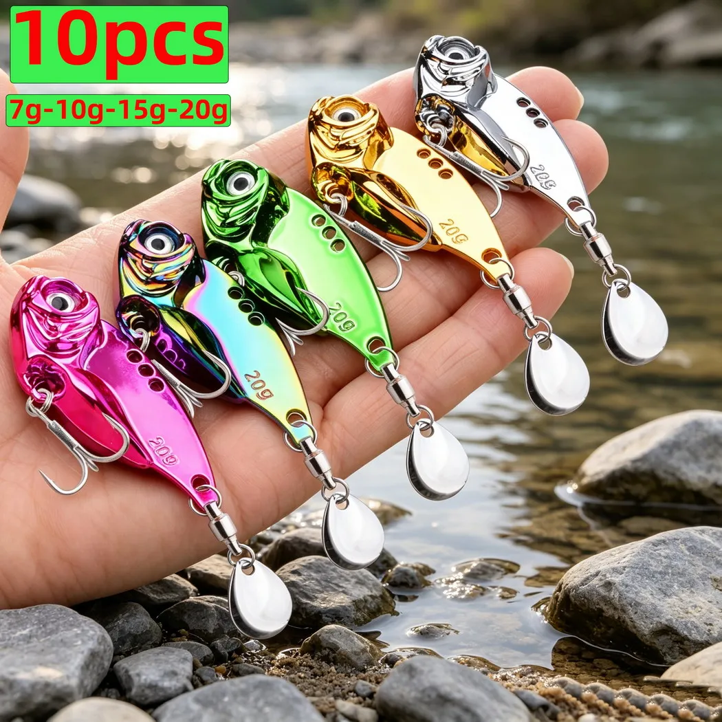10pcs Rotating Metal VIB Vibration Lures Bait Set 7g- 20g Spinner Sinking Spoon Pin Crankbait Sequins Baits Lure Fishing Tackle