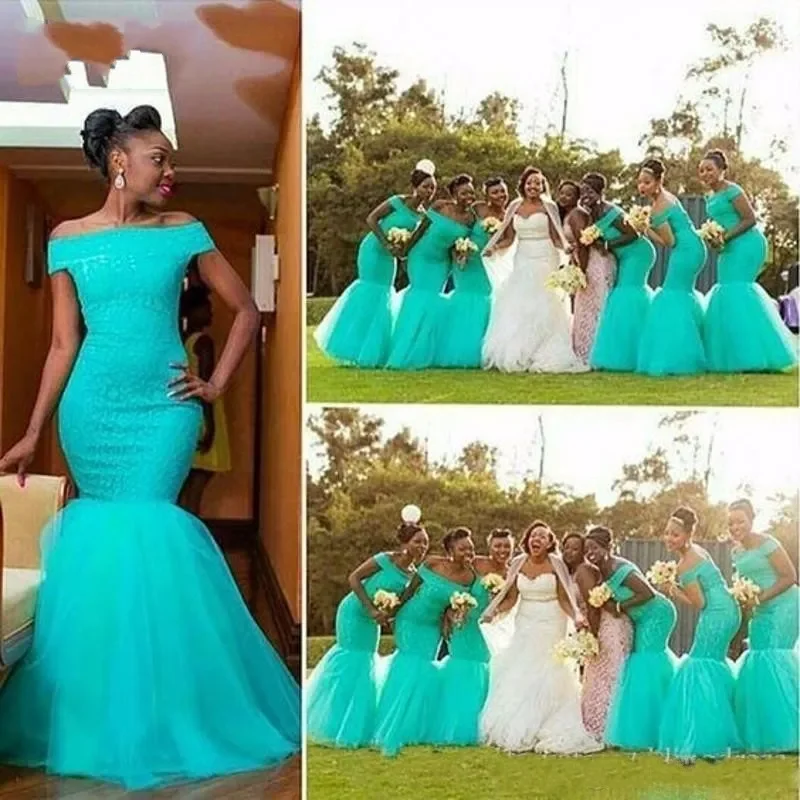 Cheap Turquoise Mermaid Bridesmaid Dresses African Nigerian Off Shoulder Long Beach Vintage Wedding Guest Gowns Lace Party dress