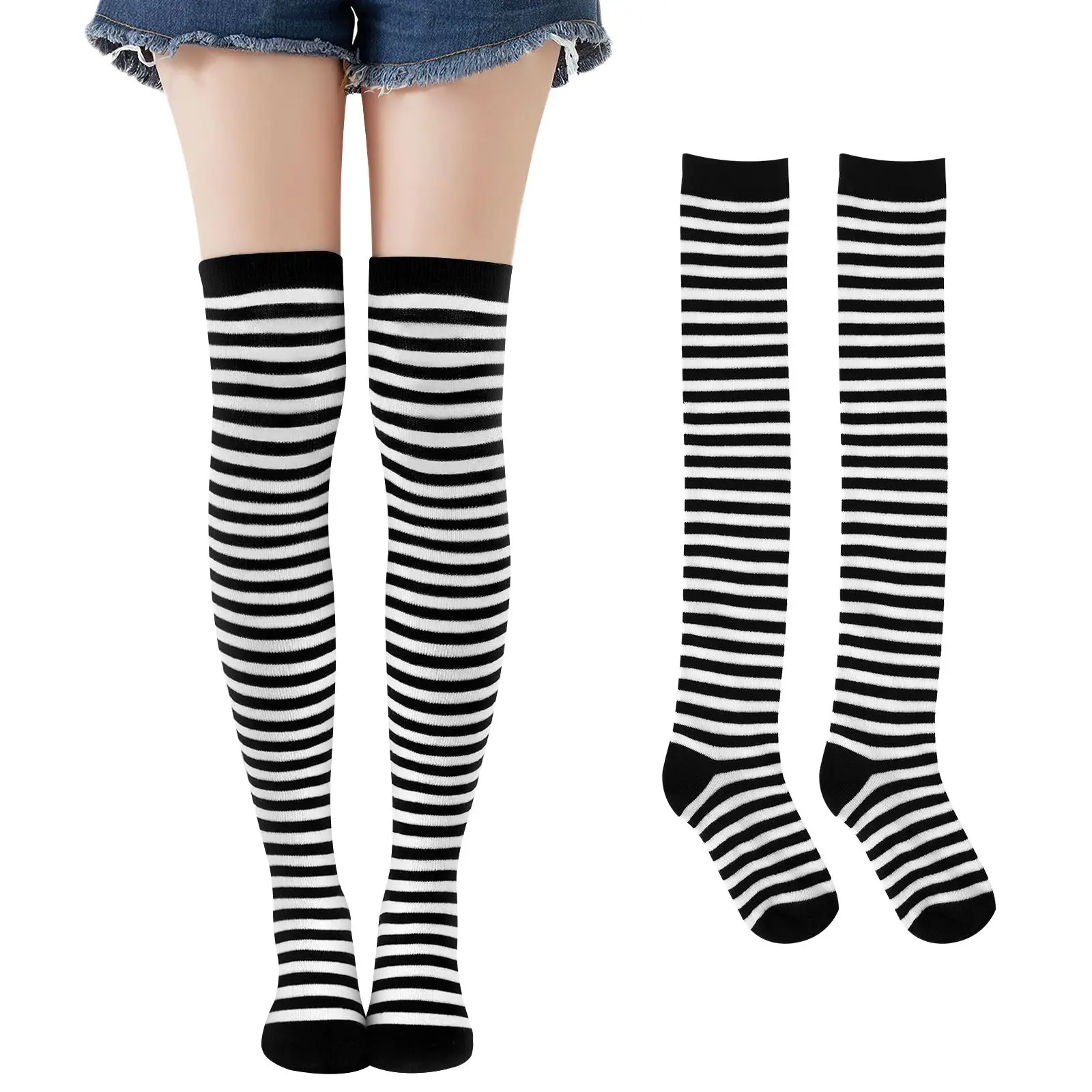 Yellow and Black Pinstripe Socks Long Striped Knee High Stocking Anime Witch Socks Women Party Costume Prop Dress Up Accessories