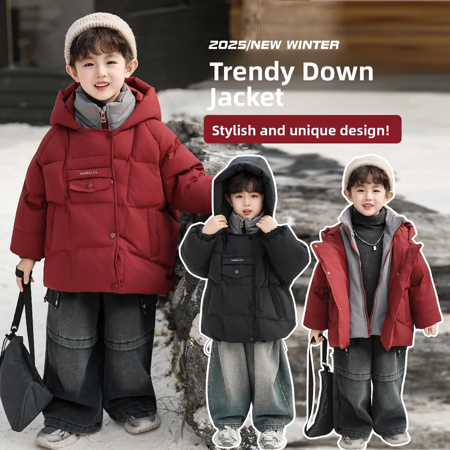

Thiened Winter Jaet for Boys White Du down Waterproof Fabric Anti-Cold Outdoor Regular Fit Zipper Closure Warmth And Sle