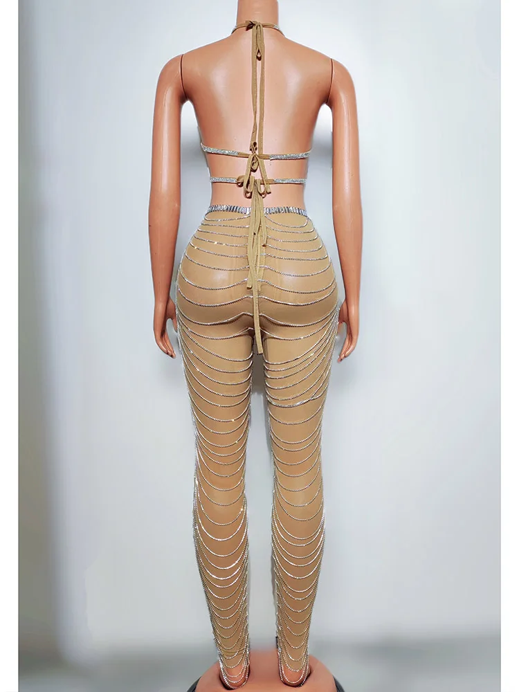 High Quality Hot Diamond Chain Sexy Backless Top+Tight Pants 2024 New Fashionable Custom Women'S Clothing