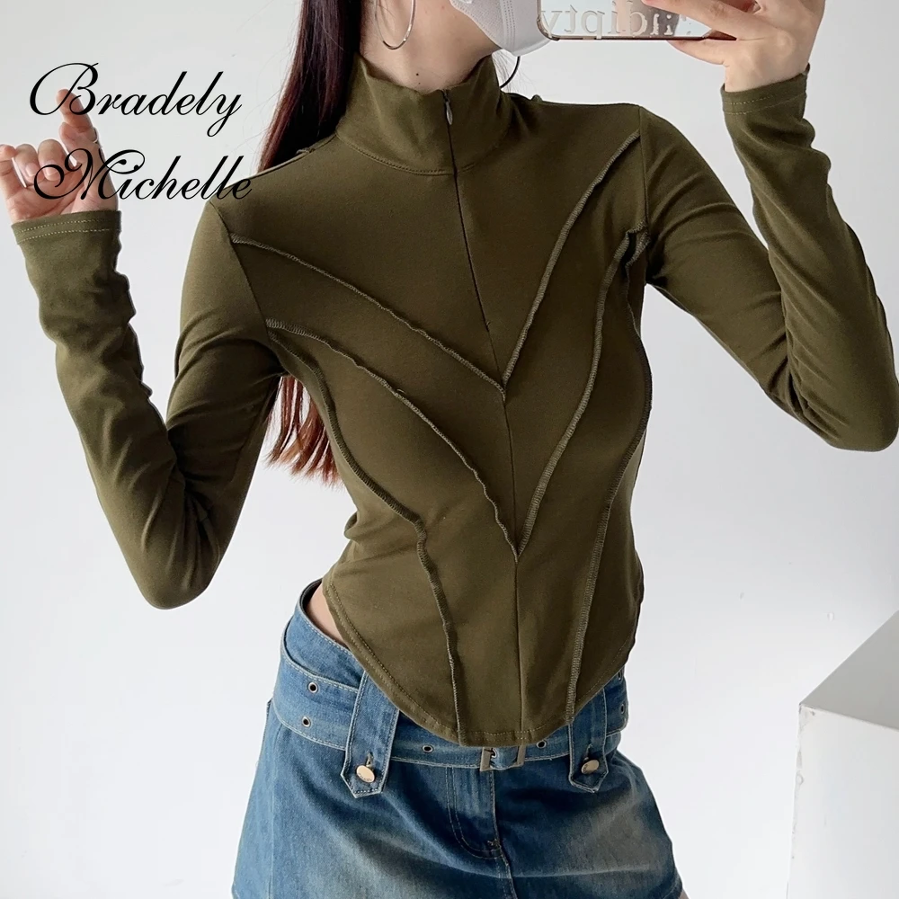 Spring Sexy Fit Tops Women Long Sleeve Tops Zipper Lapel Sexy Pullover Solid Bottoming Blouses T-shirt