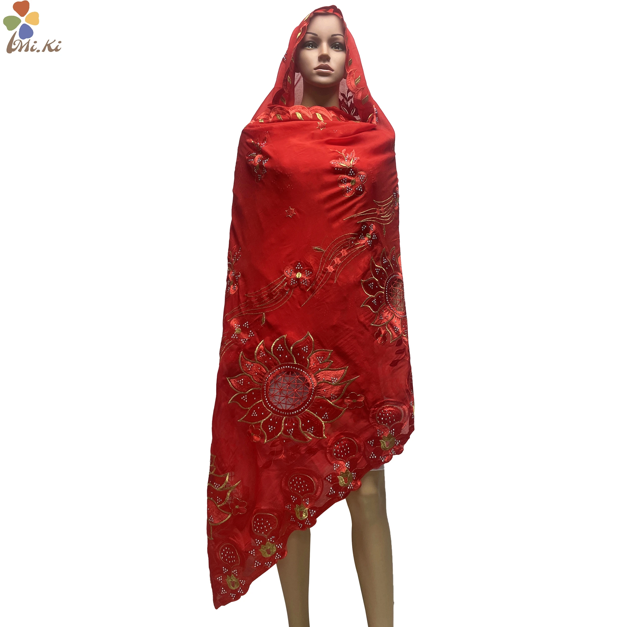 New African Muslim Women Shawl Scarf Pure Cotton Embroidered Flower Large Size Scarf Dubai High Quality Headband Wholesale Price