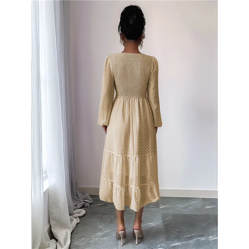 ABRT-robes d'automne pour femmes, manches longues, col rond, taille à pois, en mousseline de soie, à volants, robes mi-longues smockées