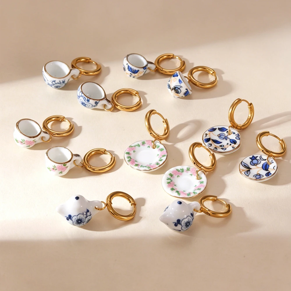Luxuriöse Blaue Emaille Geometrische Creolen für Damen Chinesischer Stil Edelstahl Hochzeitsschmuck Trendige Accessoires