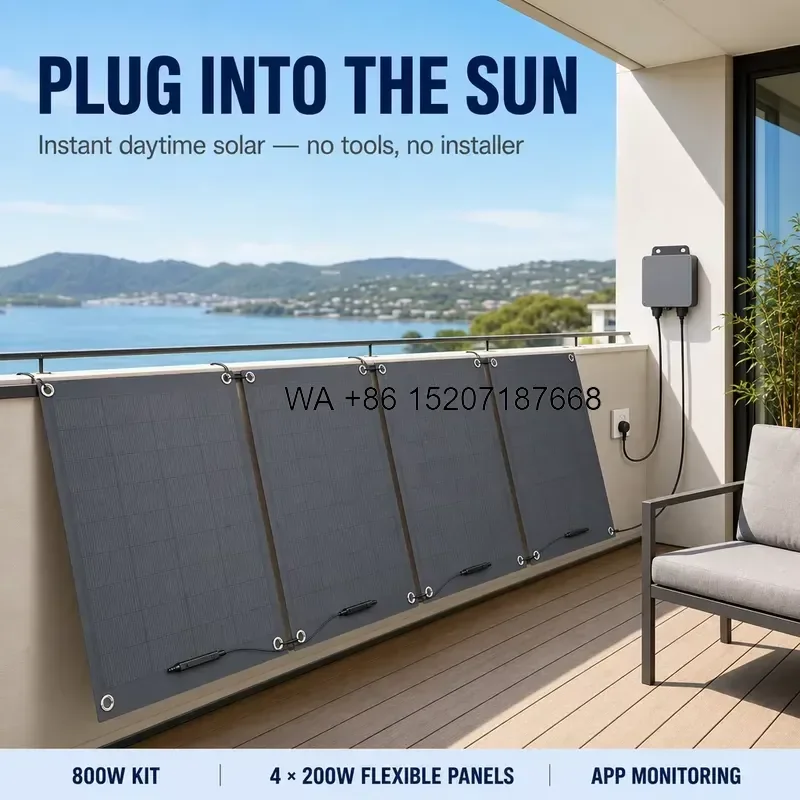 Wmwmnu 800W Microinverter Balcony PV Kit With 4 X 200W Flexible Solar Panels Plug and Play Set App Monitoring for Home