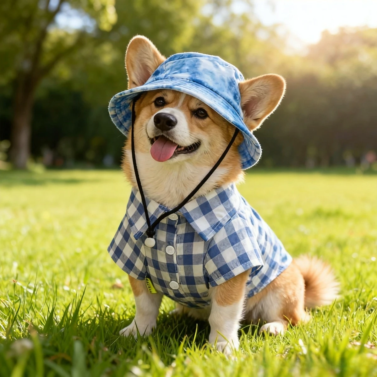 1pc  Blue Check Shirt with Sun Hat Breathable ，Cute Dog Clothes Set Summer Pet Clothing for Shiba Inu