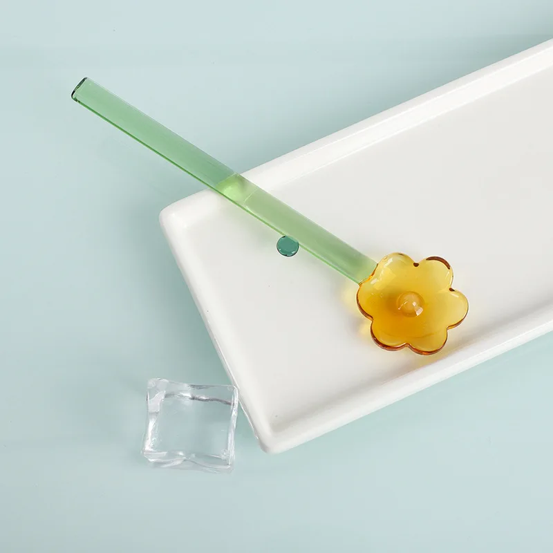 ملعقة زجاجية بمقبض طويل، ملعقة حلوى من الزجاج الشفاف الإبداعي، على شكل زهرة، ملاعق تقليب القهوة الملونة، شريط لاصق