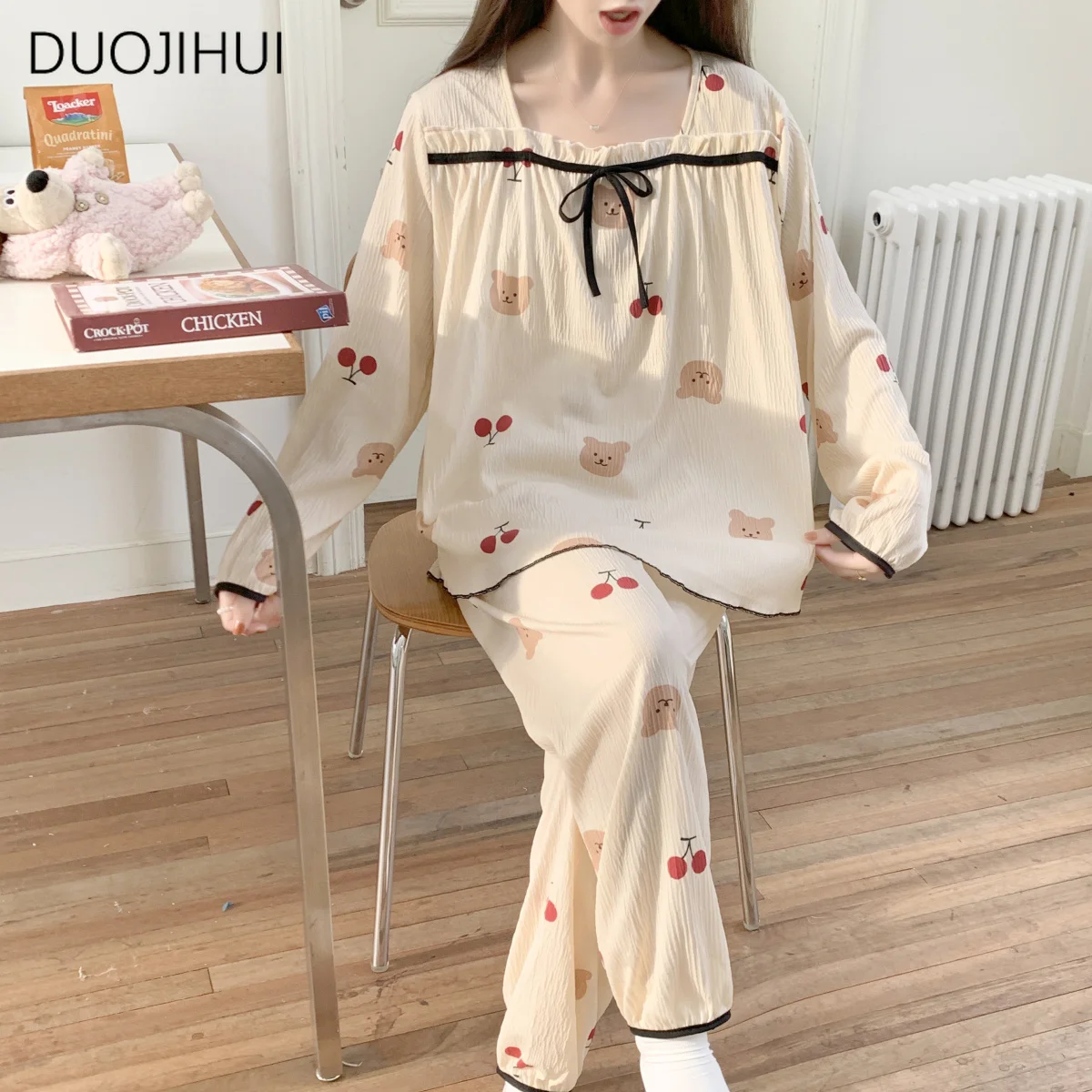 DUOJIHUI-Conjuntos de pijamas de duas peças para mulheres, impressão chique, pulôver simples, calçado fashion, pijama feminino, casual em casa, primavera