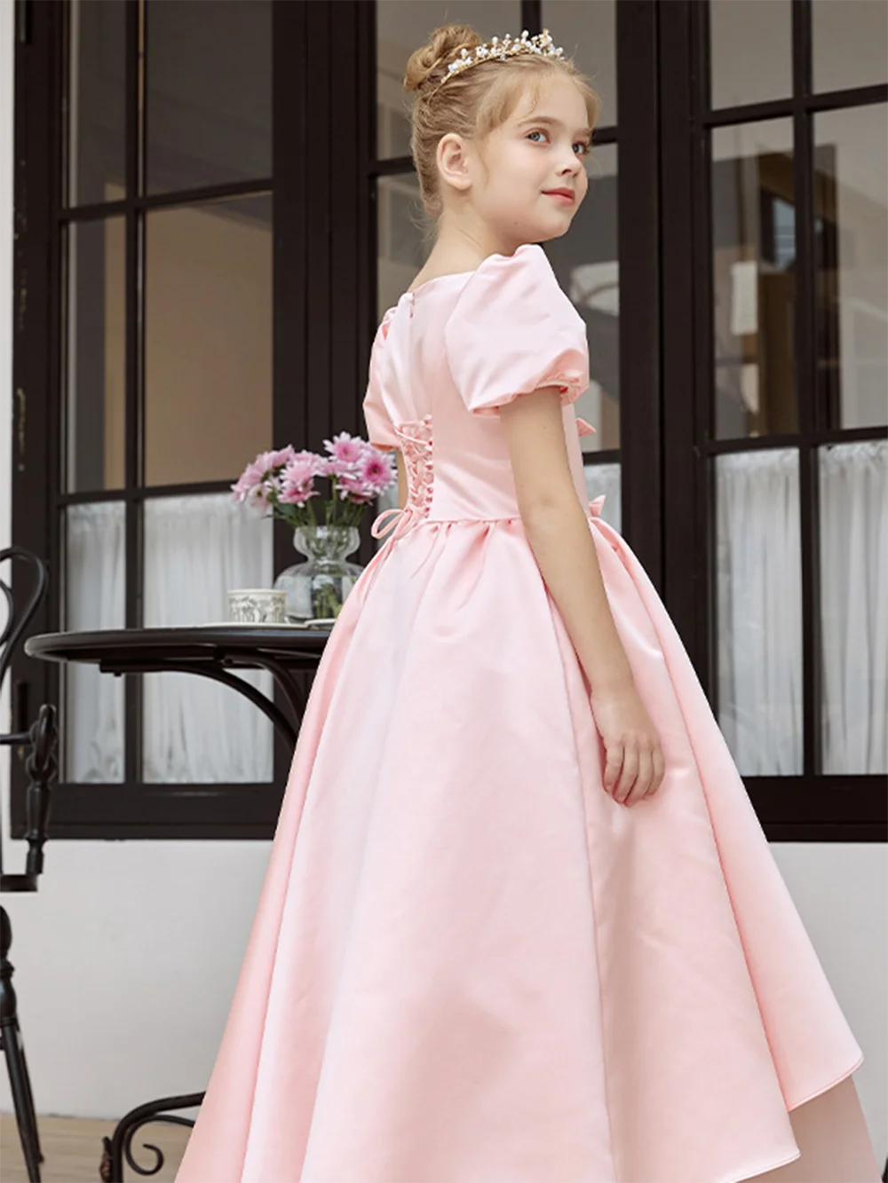 Customized Flower Girl Dress For Wedding Little Girl Host Piano Performance Dress Short Sleeve  Short Sleeve Pink Satin With Bow