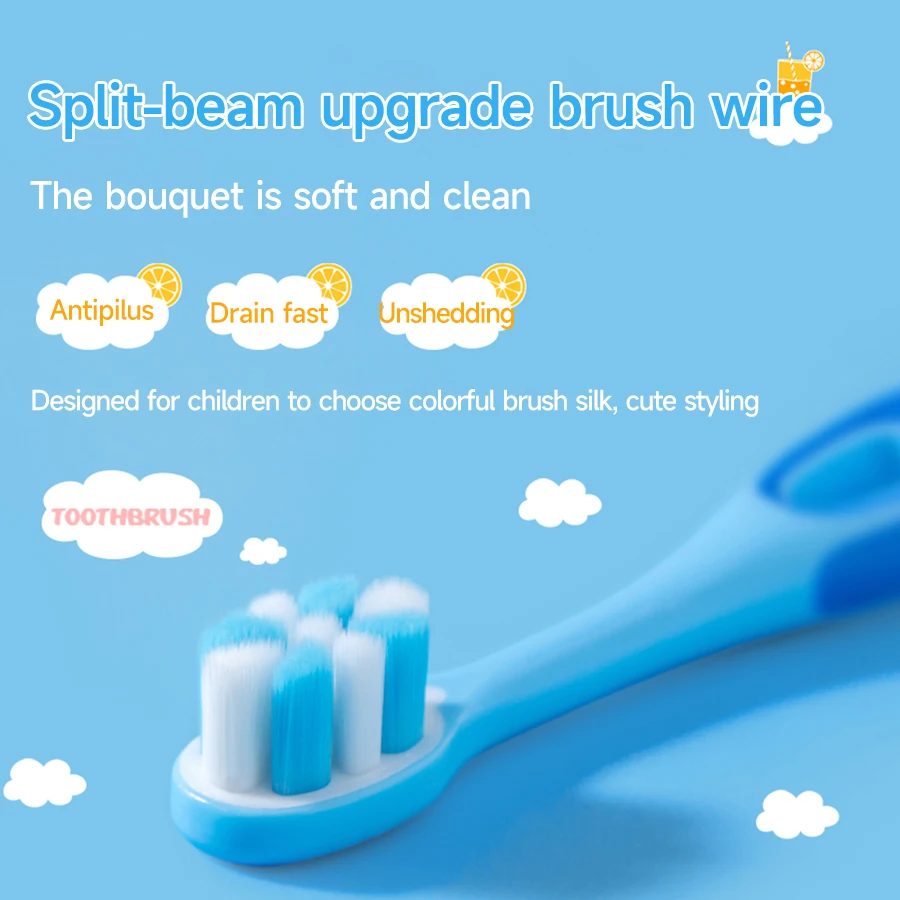 Children 3-12 years old ten thousand hair soft bristle toothbrush three colors available. Brush head with dust jacket