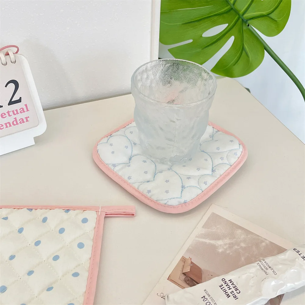 Korean Pure Cotton Coaster Polka Dot Striped Quilted Fabric Thickened Insulated Coaster Bowl Mats Desktop Decorative