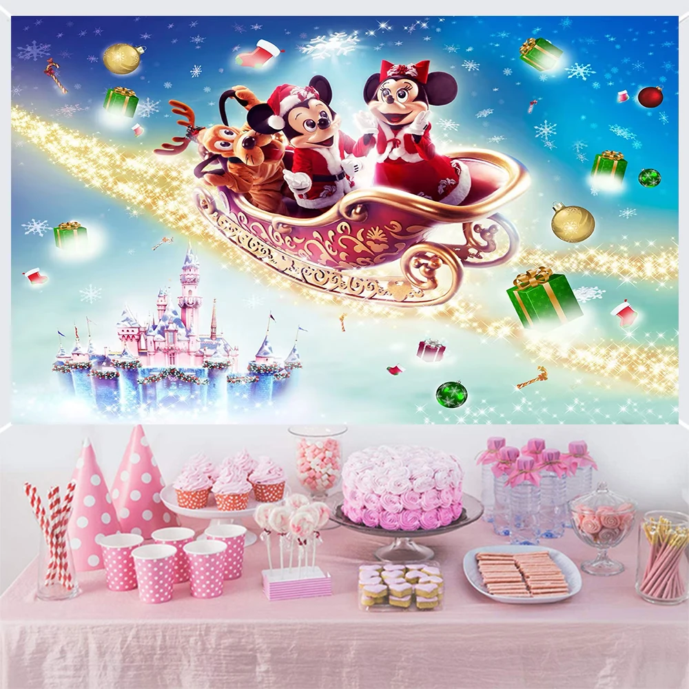 Merry Christmas Happy Year Mickey Minnie Theme Boy and Girl Birthday Ice Castle Photography Backdrop Baby Shower Banner Props