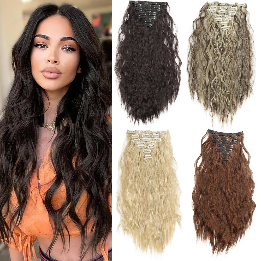 

Clip in Synthetic Hair Extensions long Wavy 7PCS Thick Hairpieces Black Brown Fiber Hair Extensions 20 Inch for Women