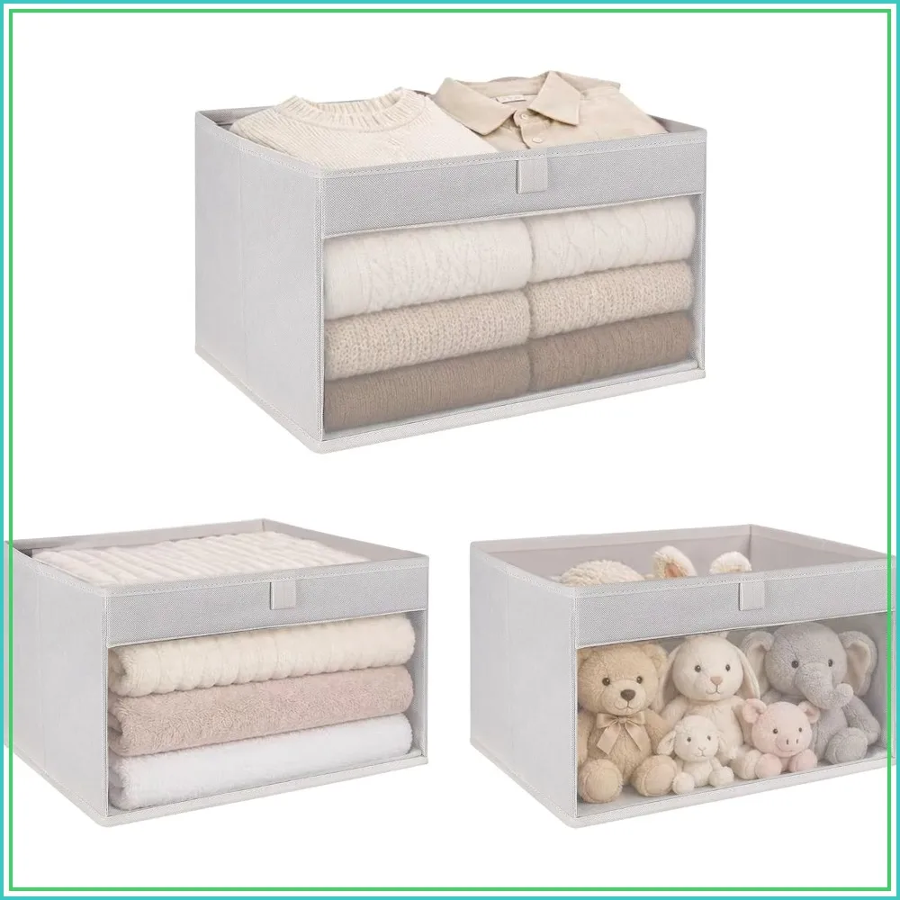 

Closet Storage Bins with Clear Window and Handles, Foldable Fabric Organizer Baskets for Shelves, Large, 3-Pack, Beige